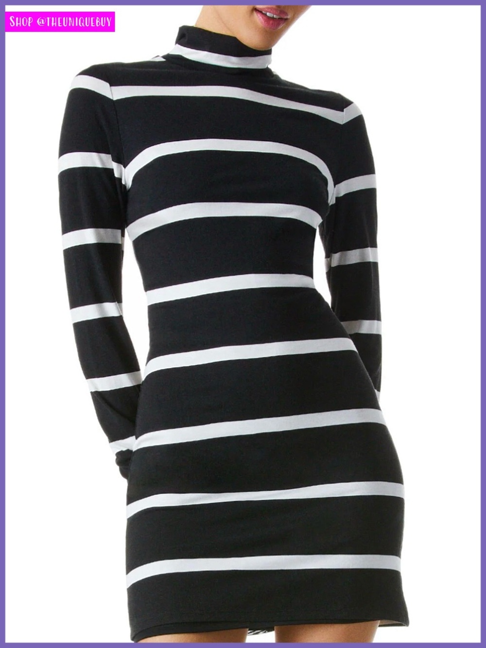 Alice + Olivia Delora Black White Modern Stripe Mock Neck Mini Dress